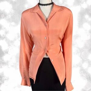 Chic Blazer Style Peach Satin Long Sleeve Button Up Blouse